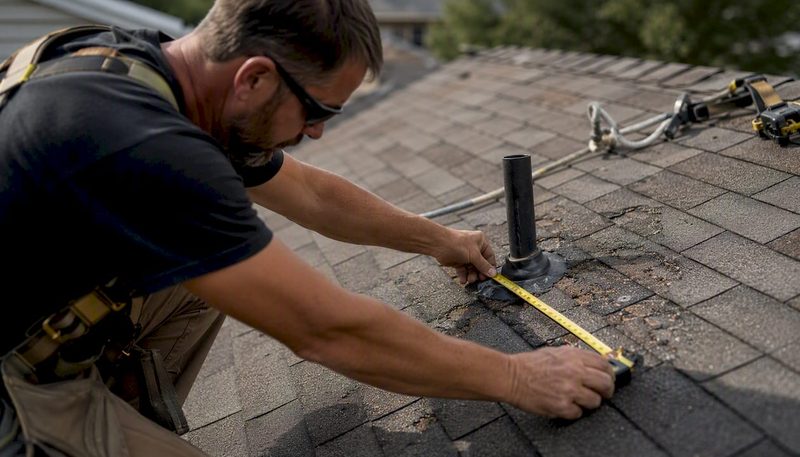 Roofer measuring shingles on a roof